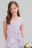 Purple Chiffon A Line Short Junior Bridesmaid Dress with Bow