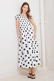 SHORT SLEEVE WHITE BLACK POLKA DOT MIDI DRESS