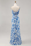 Blue Flower Printed Sheath Spaghetti Straps Maxi Dress