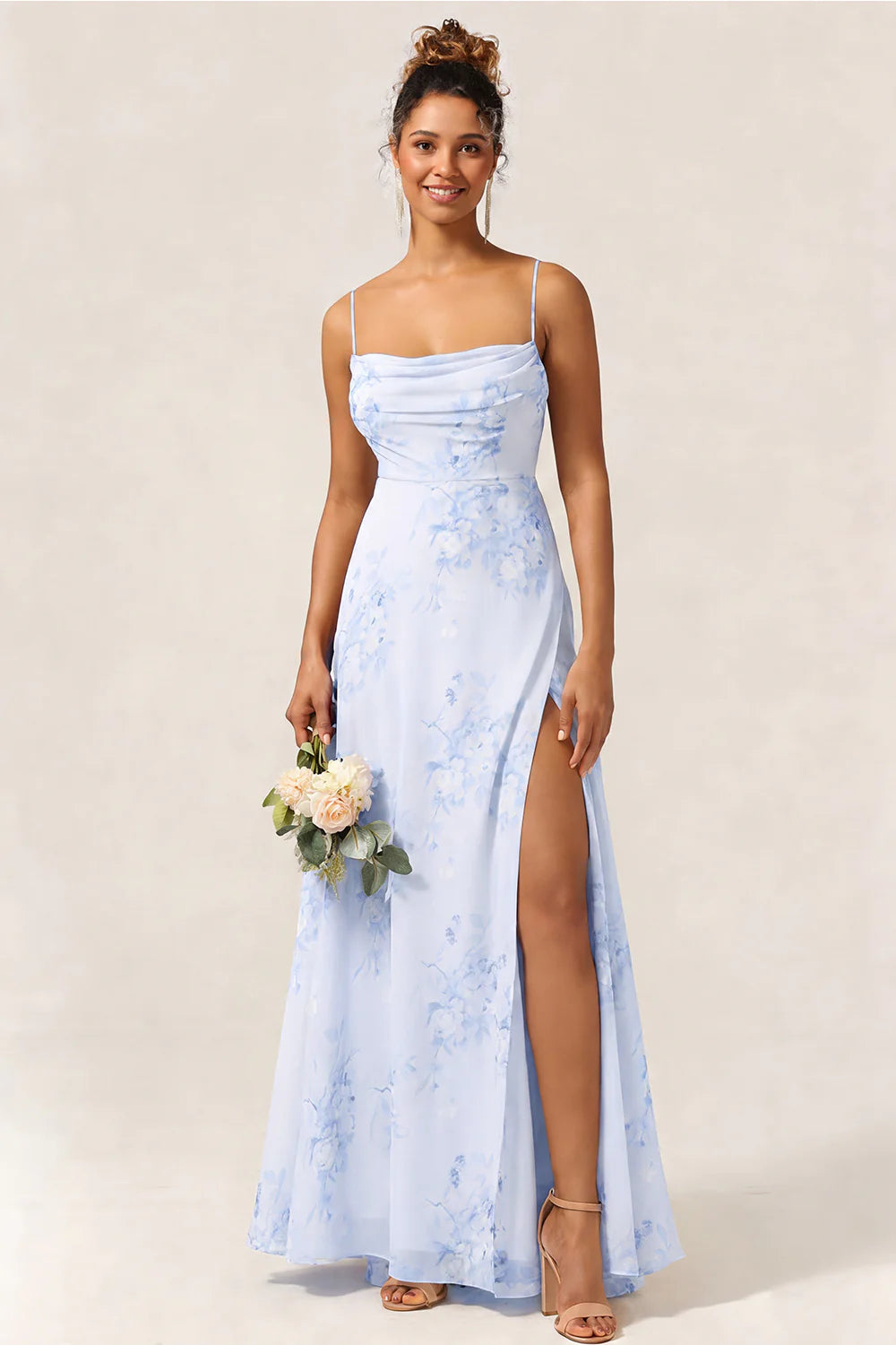 Blue Flower A Line Spaghetti Straps Chiffon Long Bridesmaid Dress with Slit
