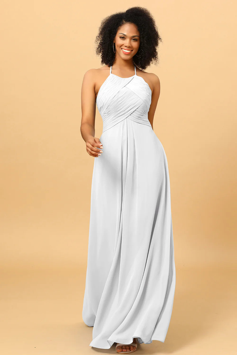 Sheath Halter Open Back Long Chiffon Bridesmaid Dress