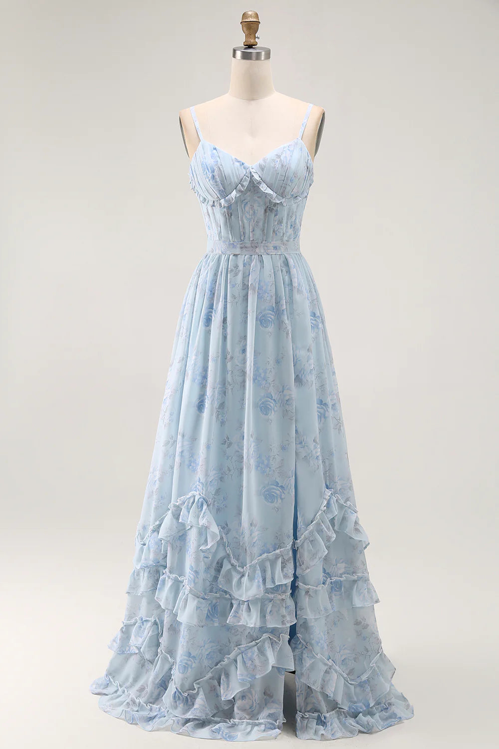 Blue Flower A Line Corset Ruffled Chiffon Long Bridesmaid Dress with Slit