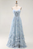 Blue Flower A Line Corset Ruffled Chiffon Long Bridesmaid Dress with Slit