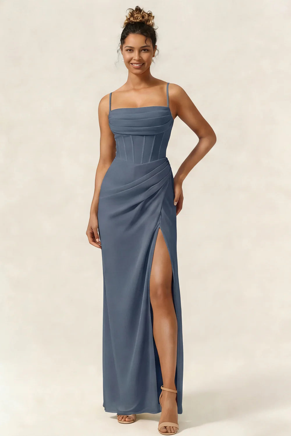 Green Flower Mermaid Corset Chiffon Long Bridesmaid Dress with Slit