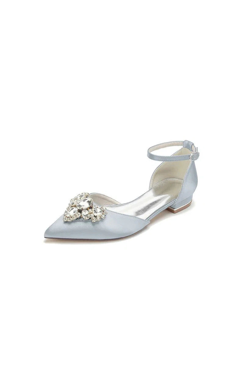 Satin Pointed Toe Ankle Strap Rhinestone Kitten Heels