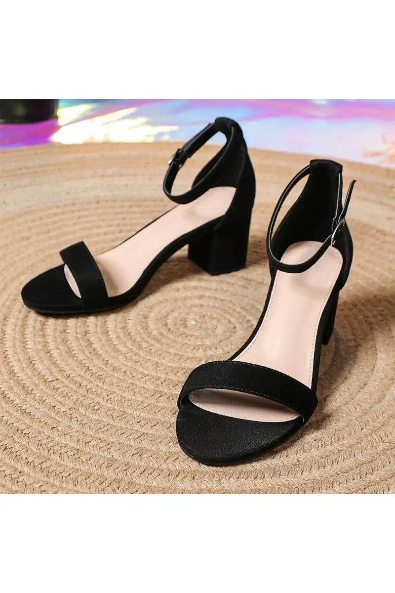 Open Toe Ankle Strap Suede Block Heel Sandals