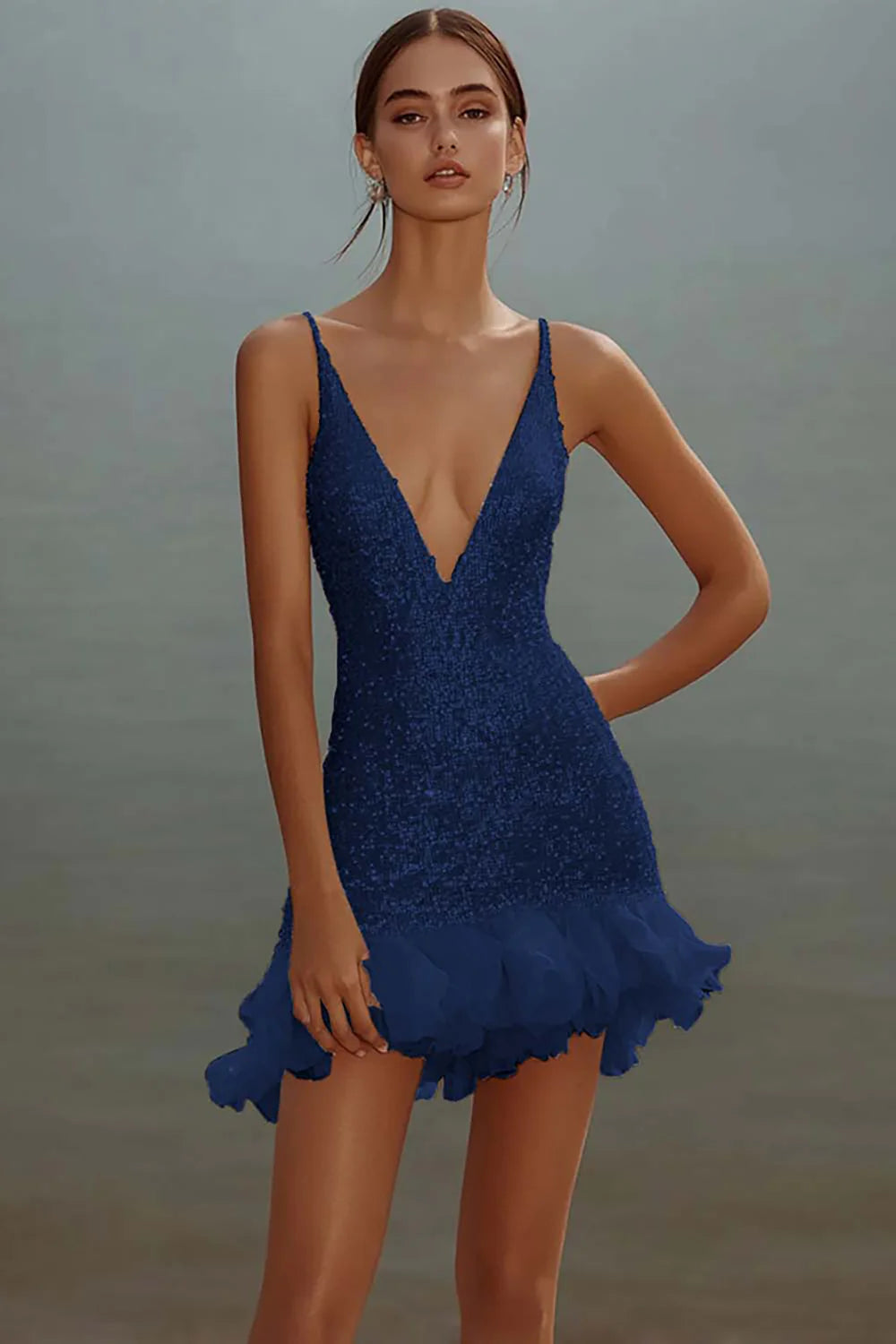 Sparkly White Sequins V Neck Mini Graduation Dress with Ruffles