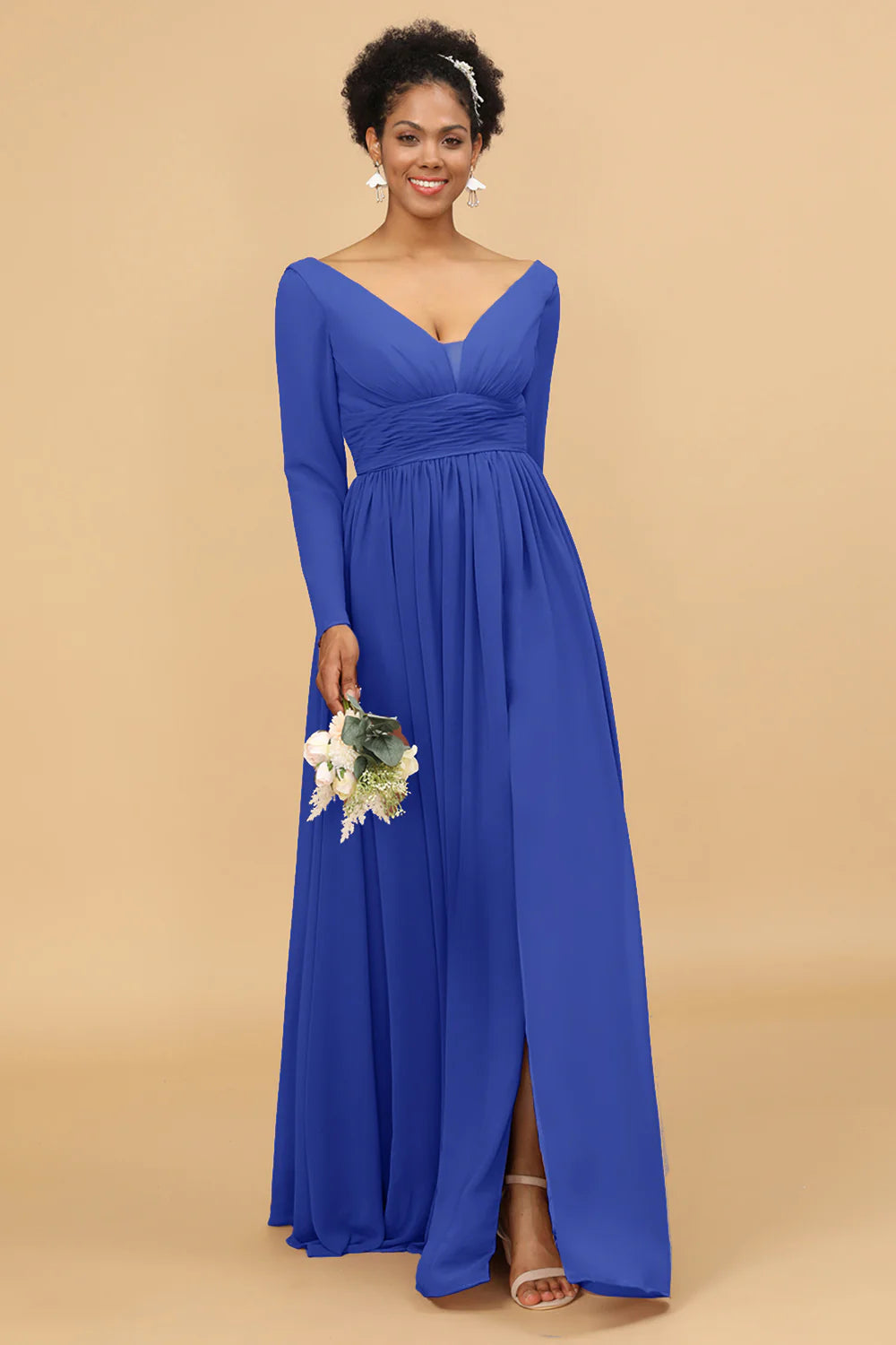 A Line V Neck Long Sleeves Chiffon Bridesmaid Dress with Slit
