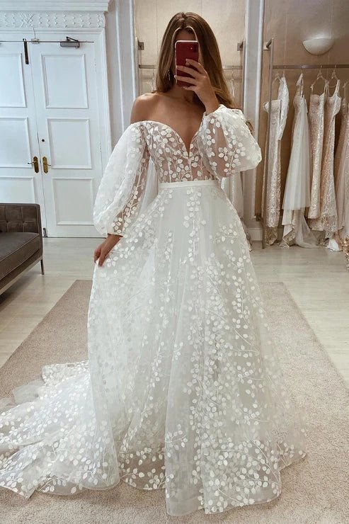 Plunging V Neck Allover Lace Bohemian Wedding Dress with Sleeves