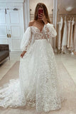 Plunging V Neck Allover Lace Bohemian Wedding Dress with Sleeves