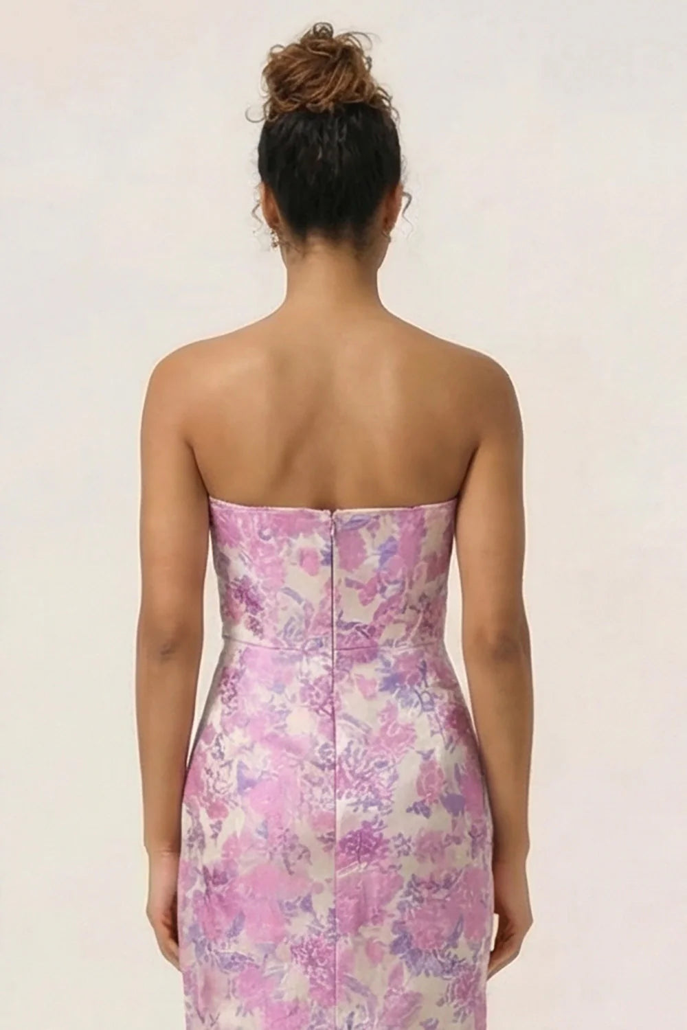 Blue Sheath Strapless White Floral Back Slit Satin Maxi Dress with Pockets
