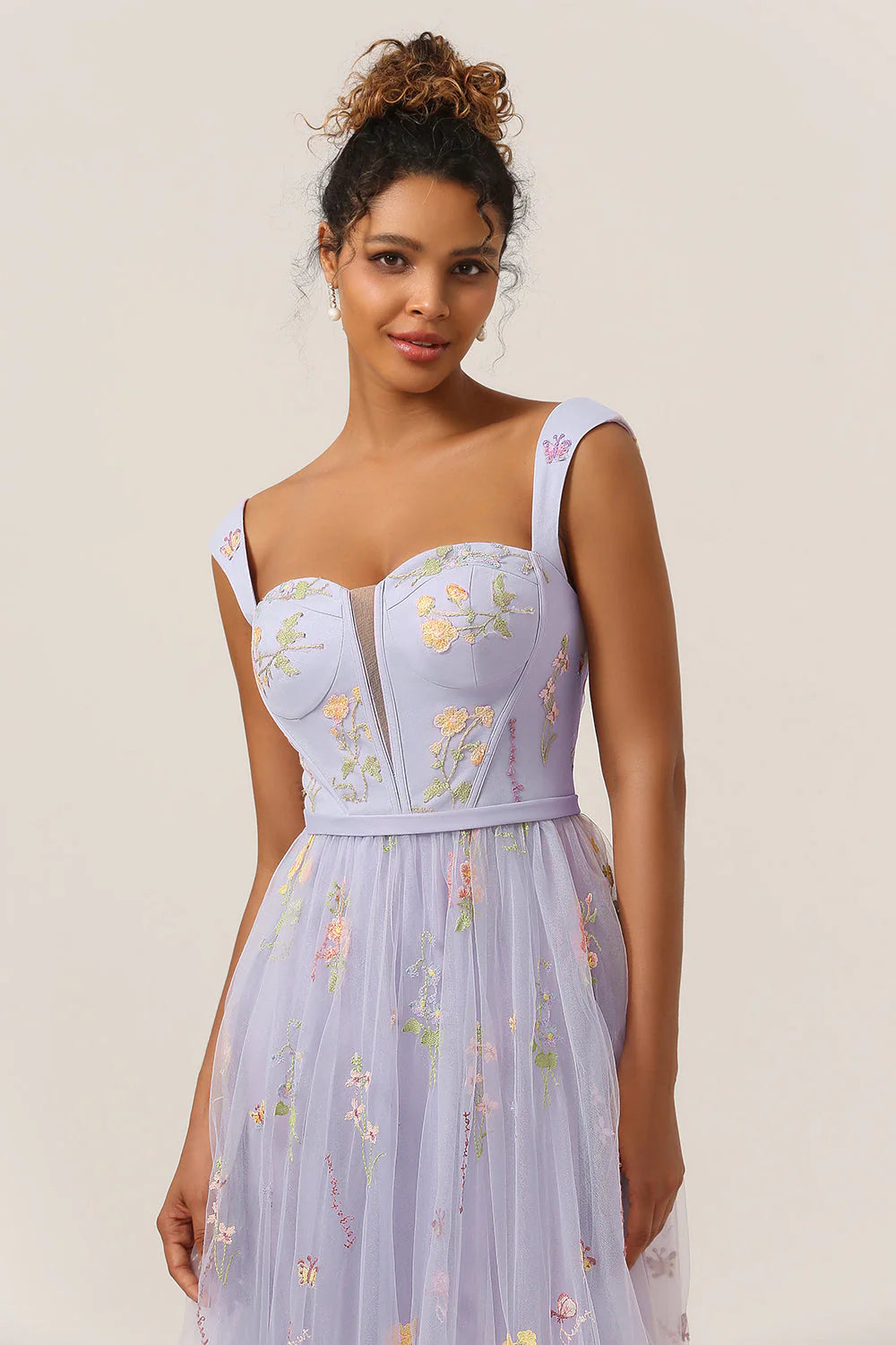 A Line Sweetheart Lilac Tea Length Prom Dress with Embroidery