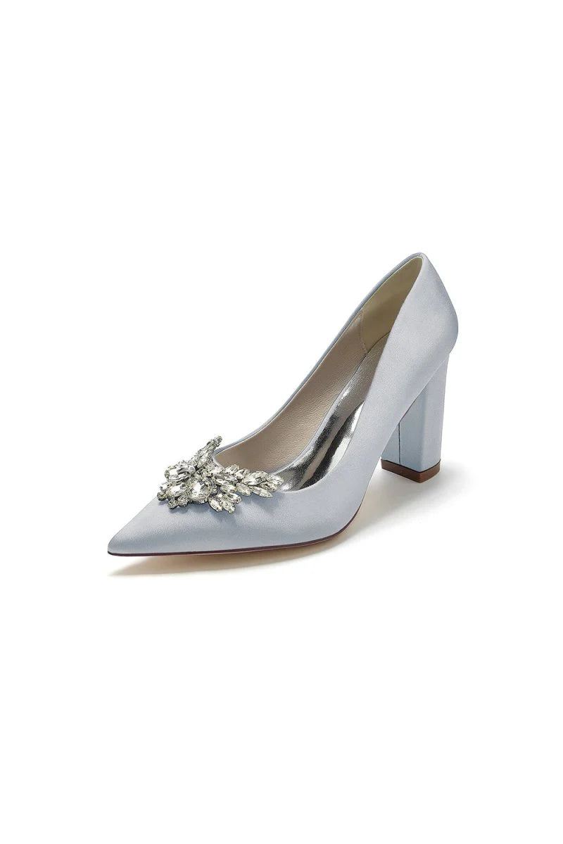 Satin Pointed Toe Slip on Chunky Heels With Rhinestone