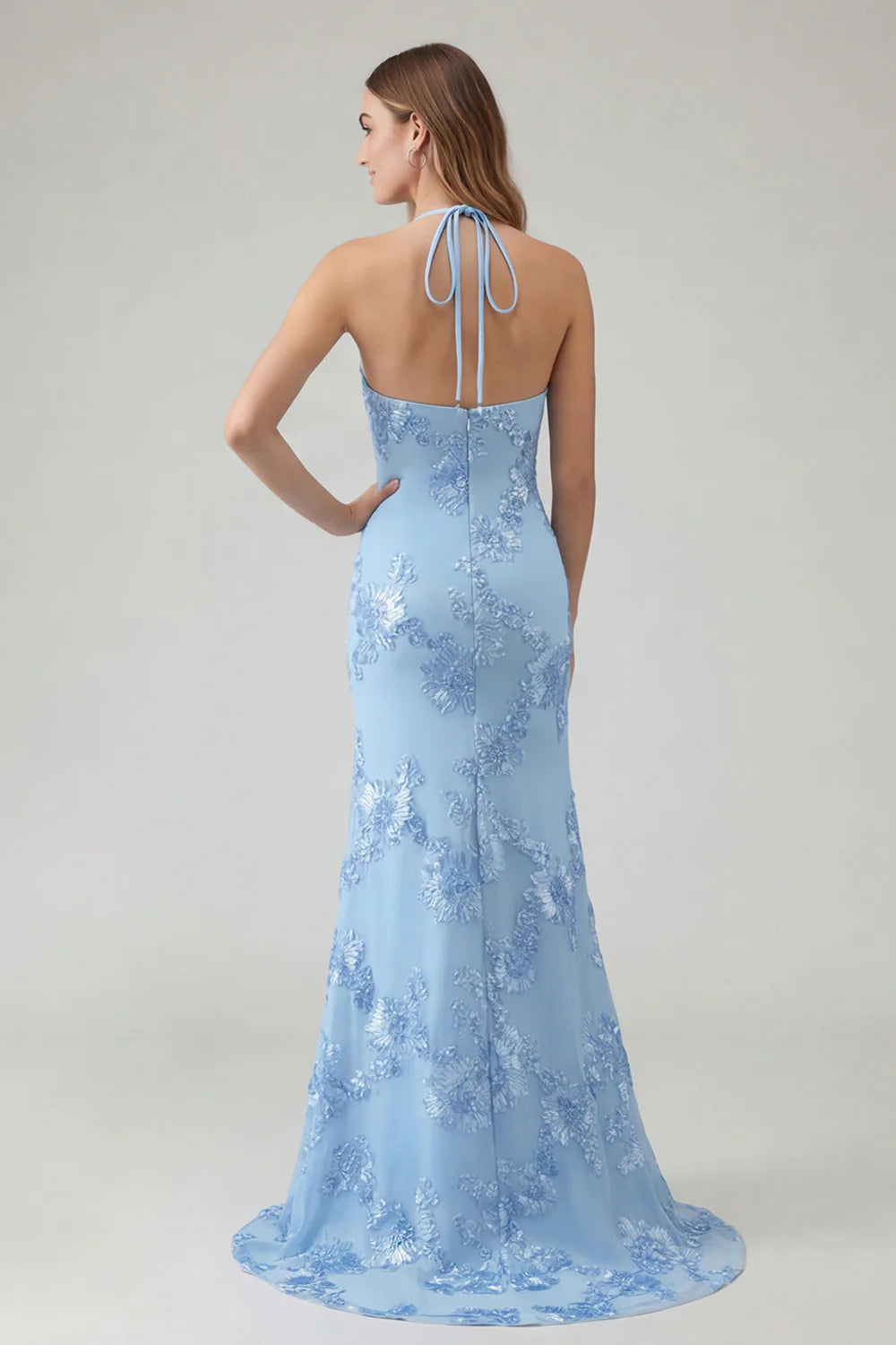 Light Blue Halter Mermaid Open Back Long Prom Dress with Appliques