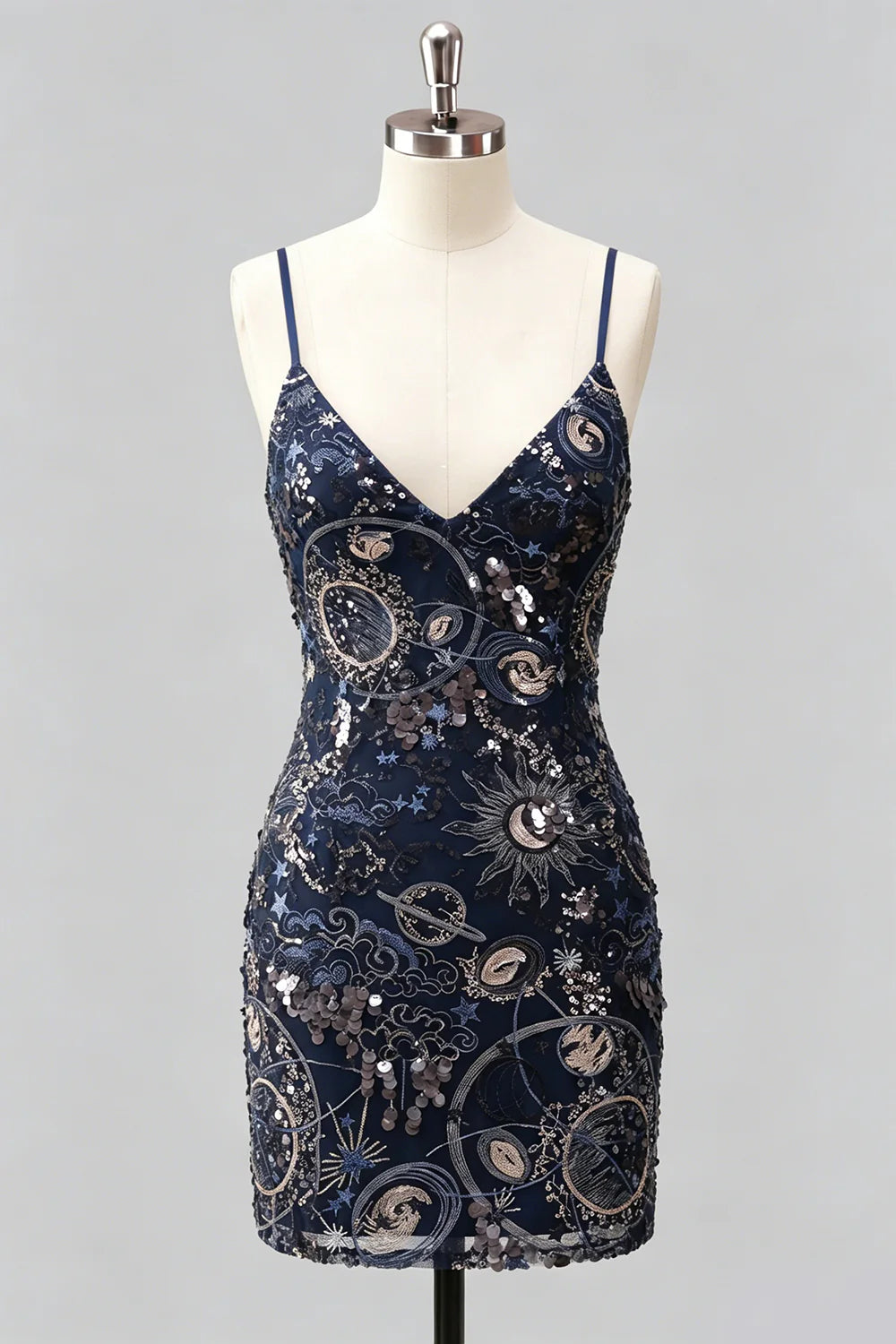 Navy Bodycon Sequin Embroidered Short Homecoming Dress
