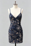Navy Bodycon Sequin Embroidered Short Homecoming Dress