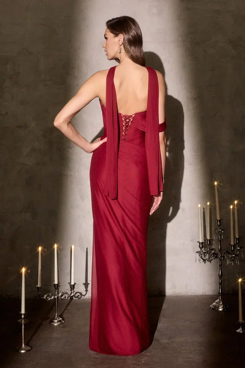 Indira Gown Pleated Chiffon Dress with Scarf