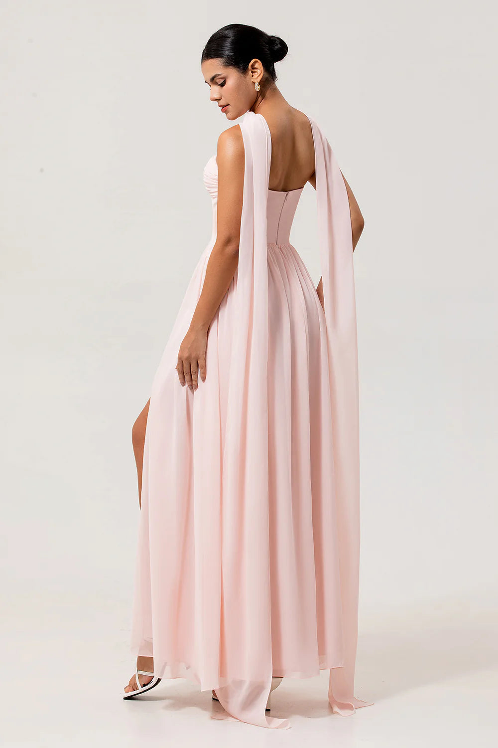 Blush A Line Strapless Ruched Corset Chiffon Convertible Long Plus Size Bridesmaid Dress with Slit