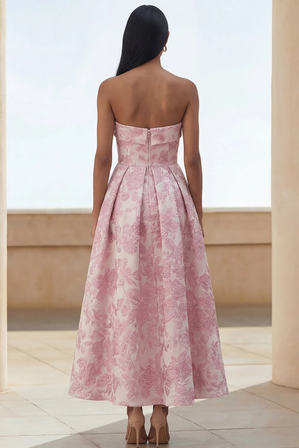 Floral Blue Strapless A Line Wedding Guest Dress