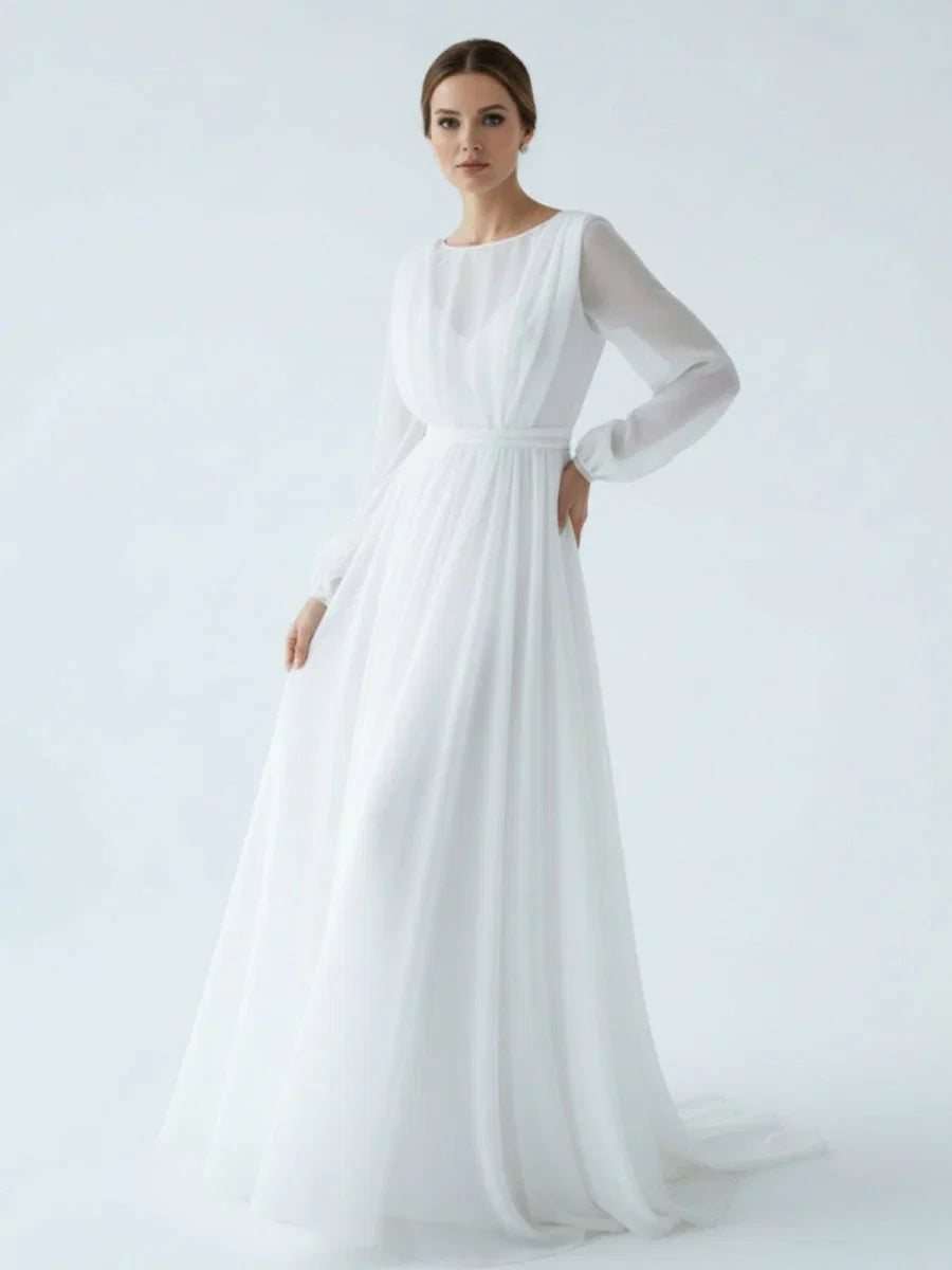 A Line Illusion Neck Long Sleeves Sweep Train Organza Wedding Dresses