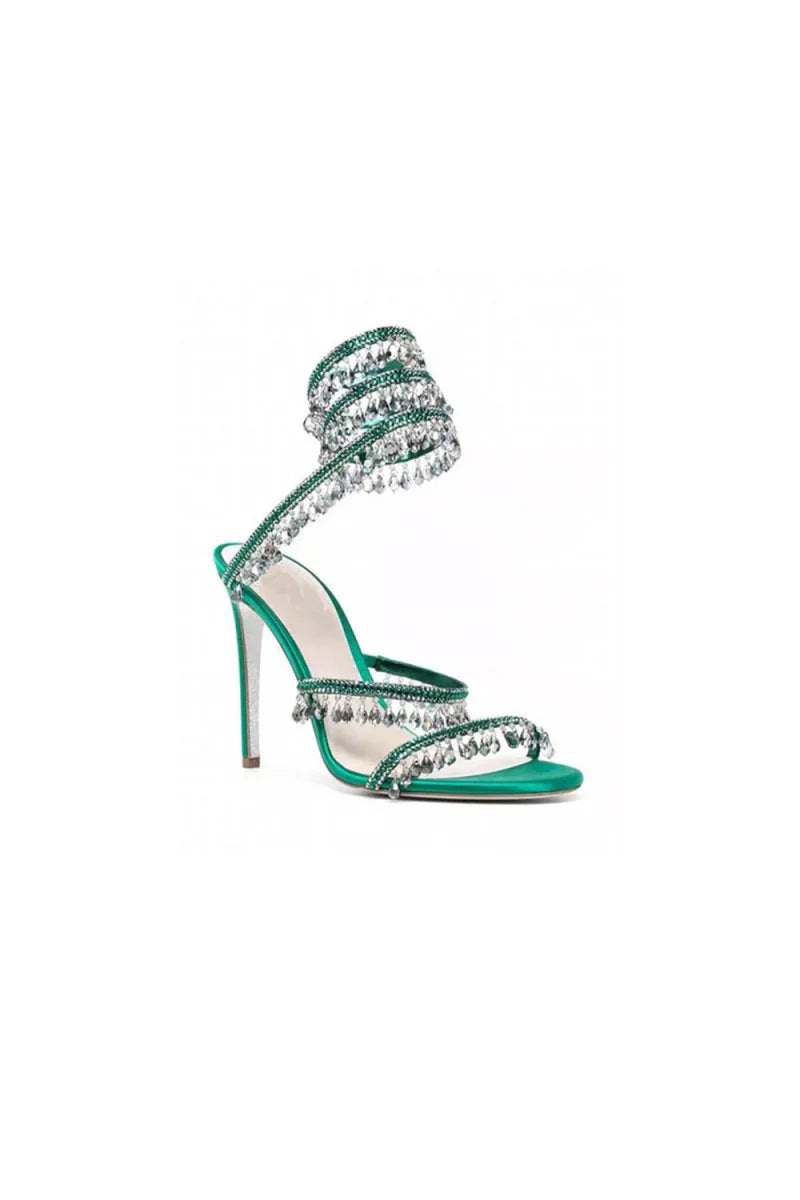 Open Toe Ankle Wrap Beaded Crystal Stiletto Heels