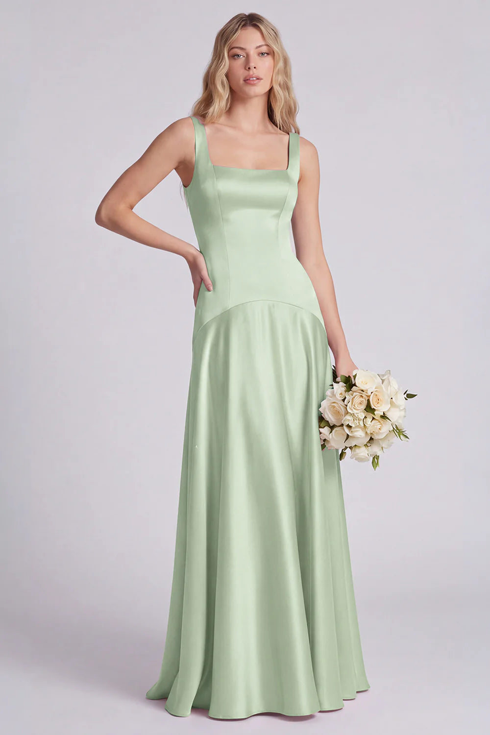Eucalyptus Square Neck A Line Satin Long Bridesmaid Dress