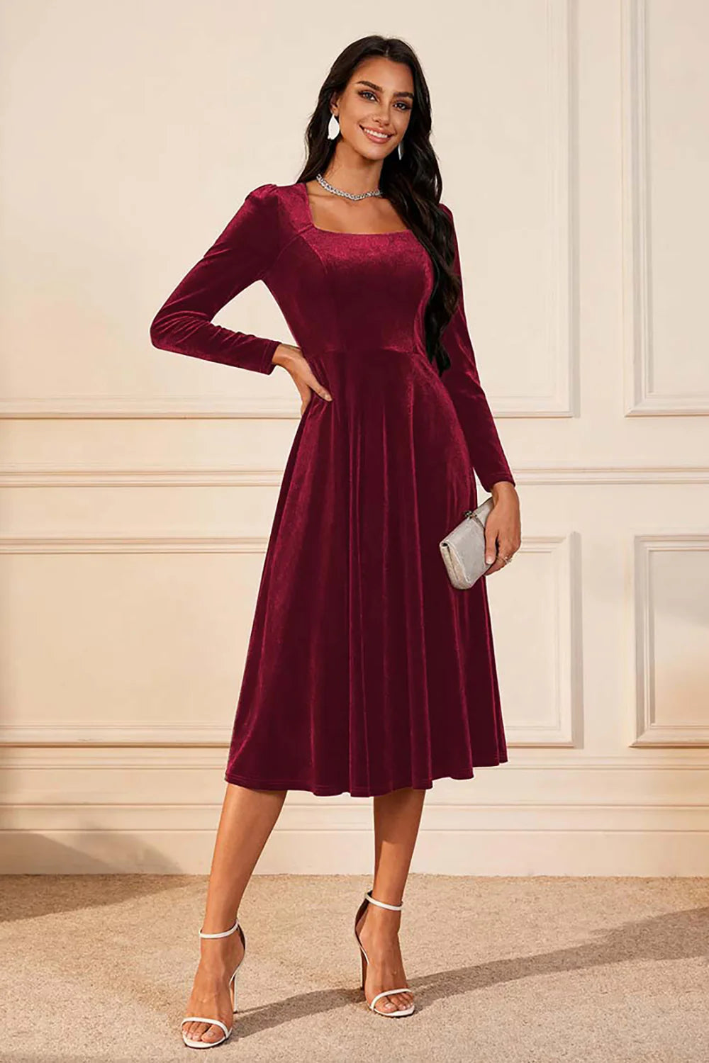 Dark Green A Line Velvet Long Sleeves Holiday Party Dress