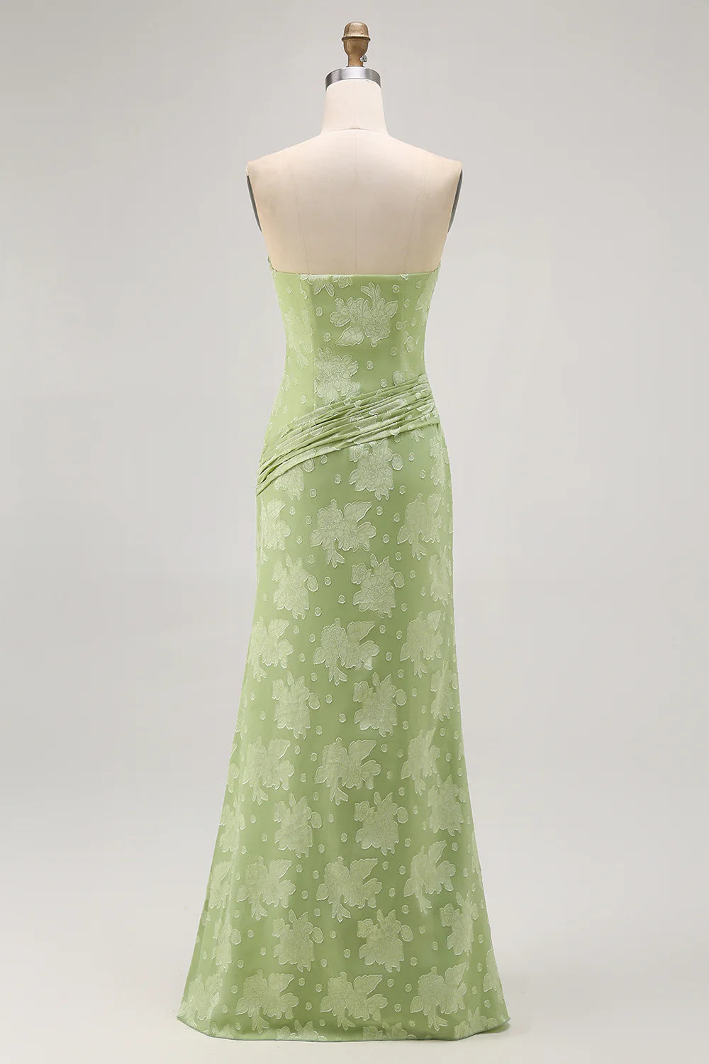 Sage Green Sheath Strapless Ruched Floral Jacquard Long Bridesmaid Dress with Side Slit