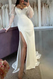 Casual Sweetheart Long Sleeve Satin With Side Slit Beach Wedding Dress