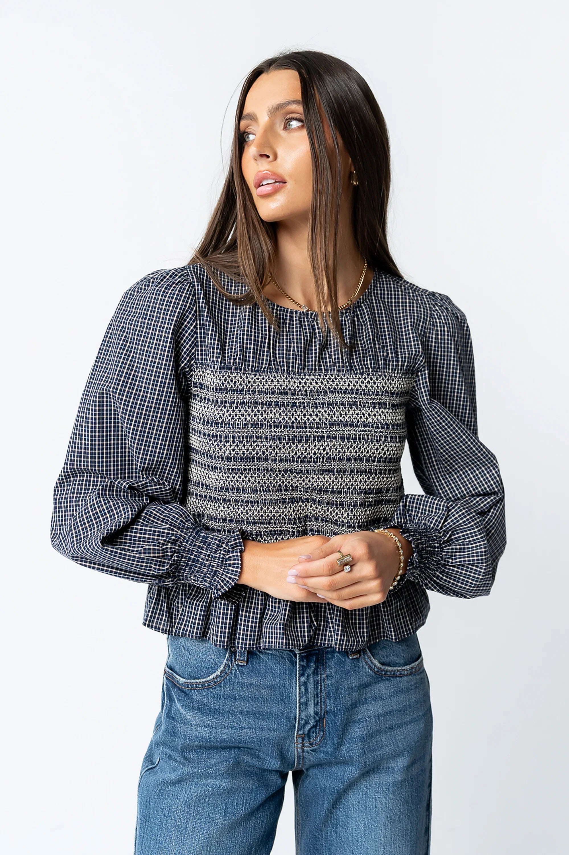 Kesley Smocked Blouse in Navy
