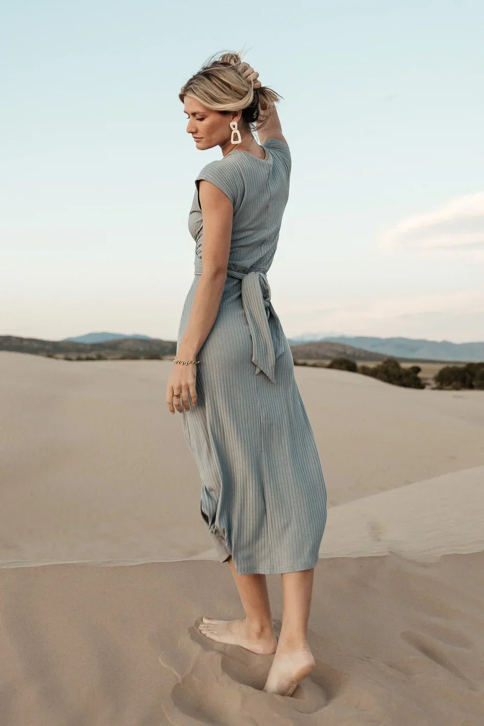 Vaeda Ribbed Tie Dress in Slate Blue FINAL SALE