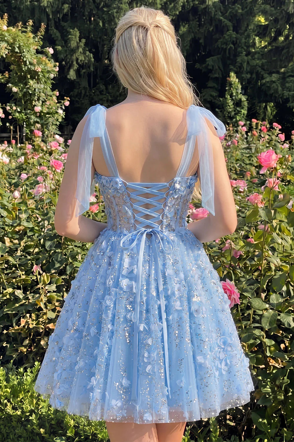 Lilac Sequin A Line Corset Short Homecoming Dress with 3D Flowers