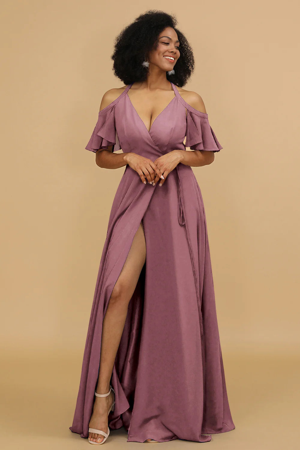 A Line Halter Cold Shoulder Chiffon Bridesmaid Dress with Slit