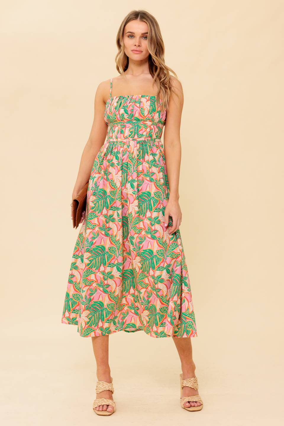 STORYTELLING PINK GREEN MIDI DRESS WITH POCKETS