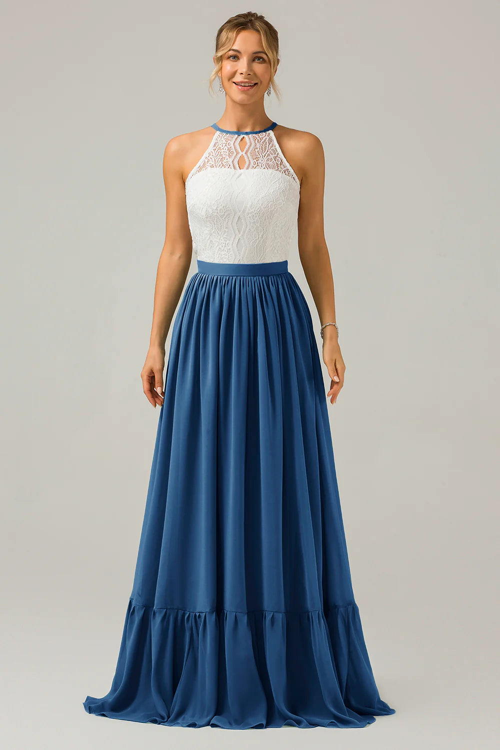 A Line Halter Pleated Keyhole Chiffon Bridesmaid Dress With Lace
