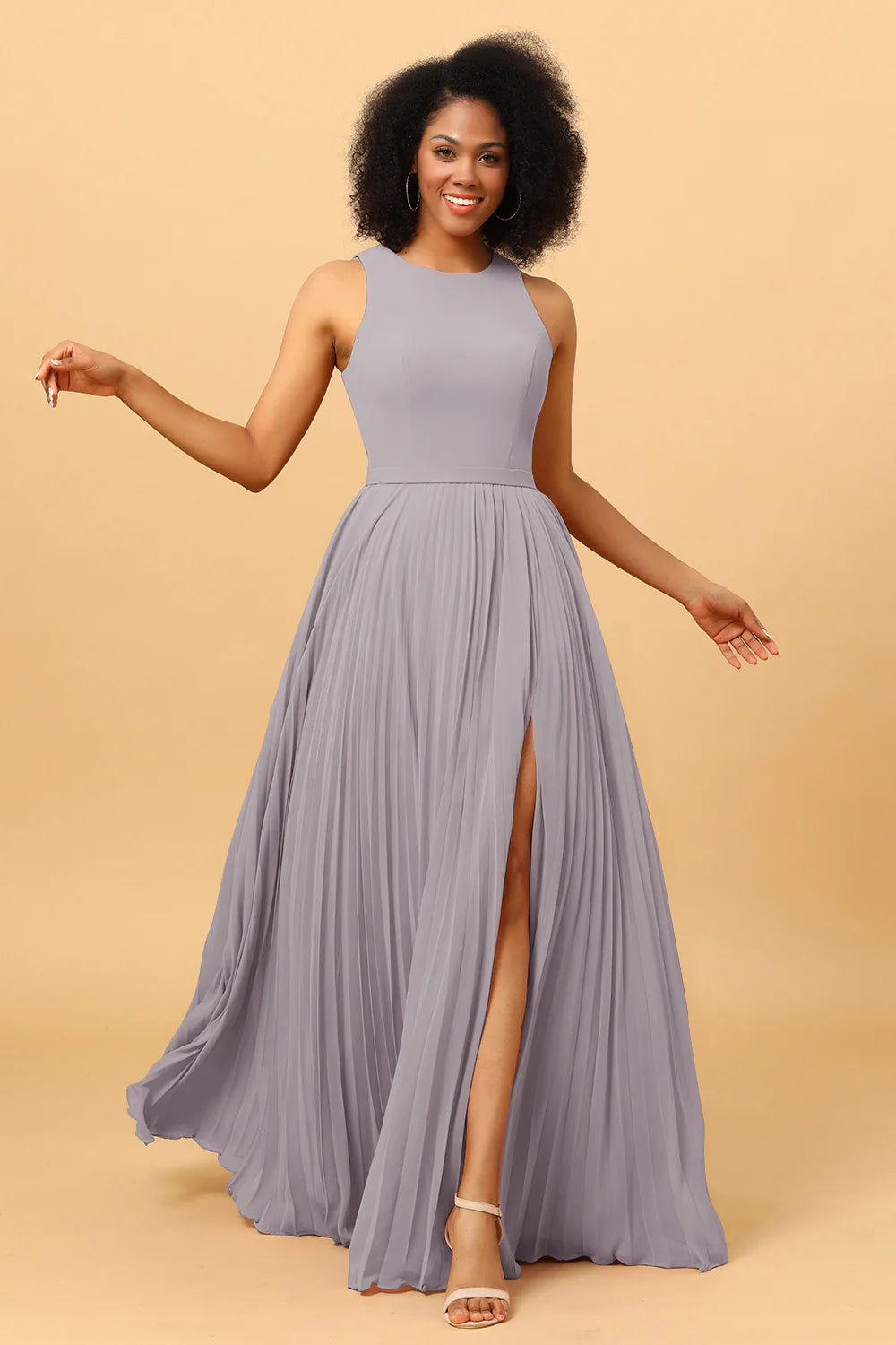 A Line Pleated Long Chiffon Bridesmaid Dress with Ruffles