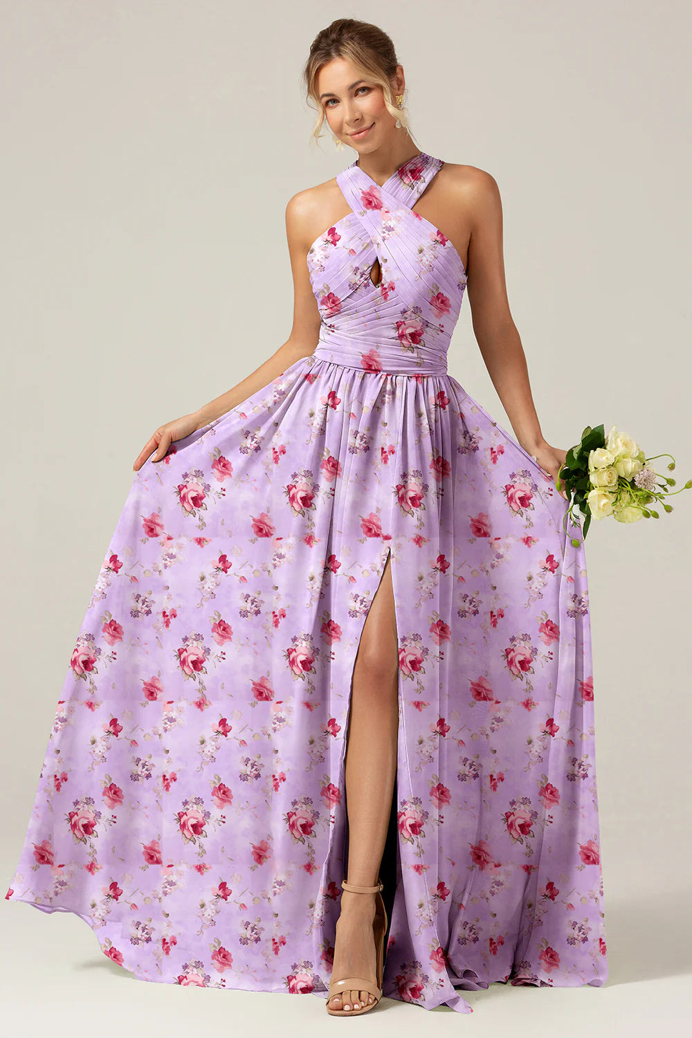 Grey Purple A Line Halter Chiffon Print Floral Long Bridesmaid Dress with Slit
