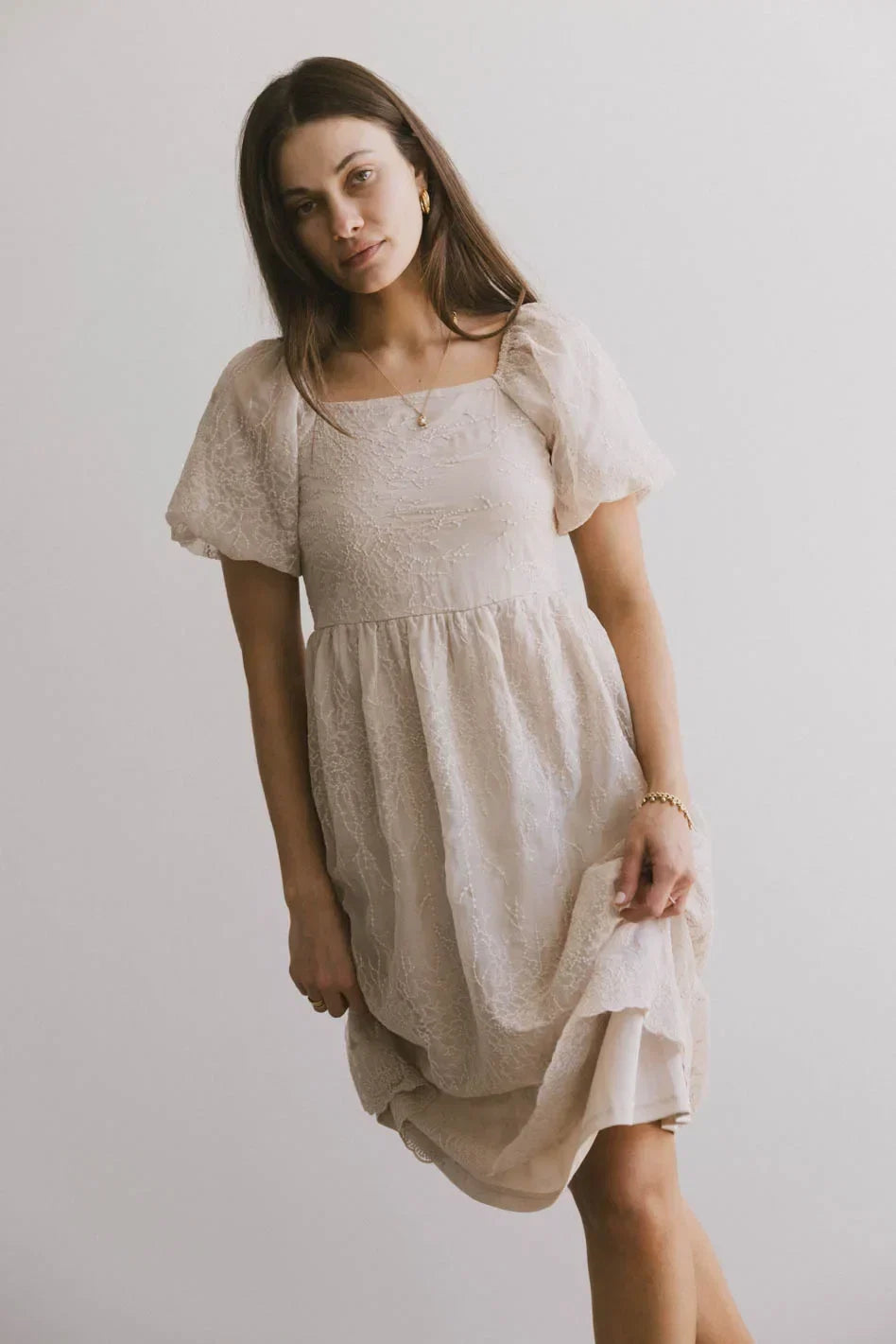 Karrie Embroidered Midi Dress in Champagne FINAL SALE