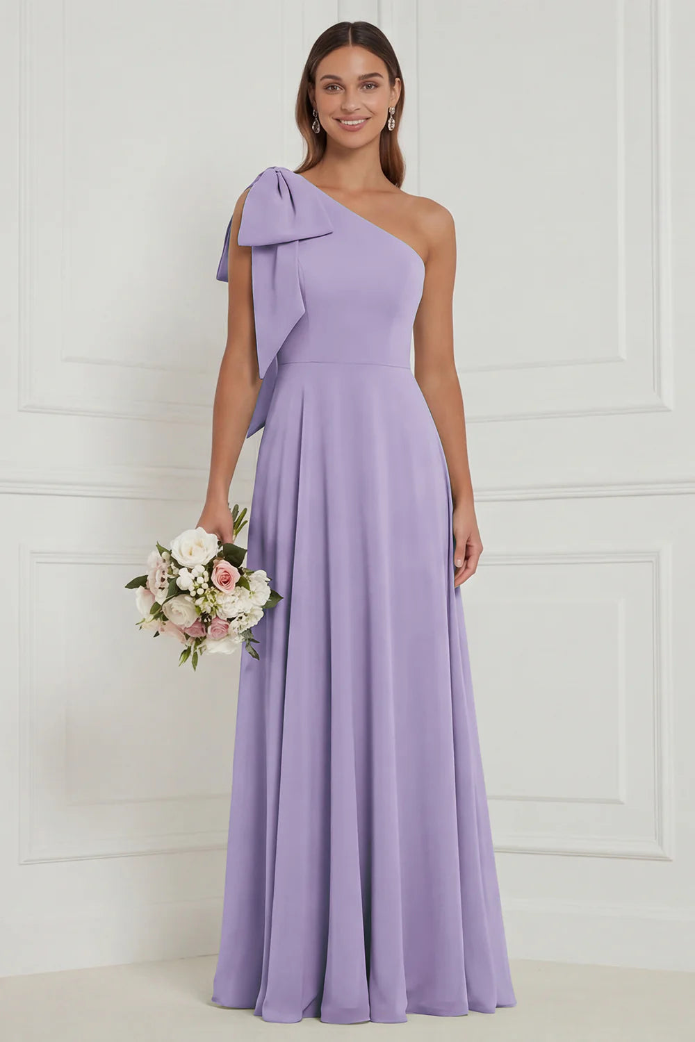 One Shoulder Bow A Line Sage Bridesmaid Dress with Lace up Back