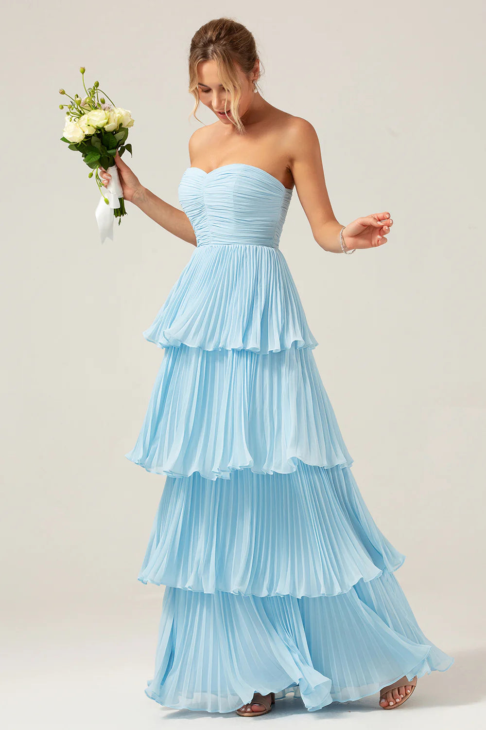 Dusty Sage A Line Sweetheart Tiered Chiffon Floor Length Dress