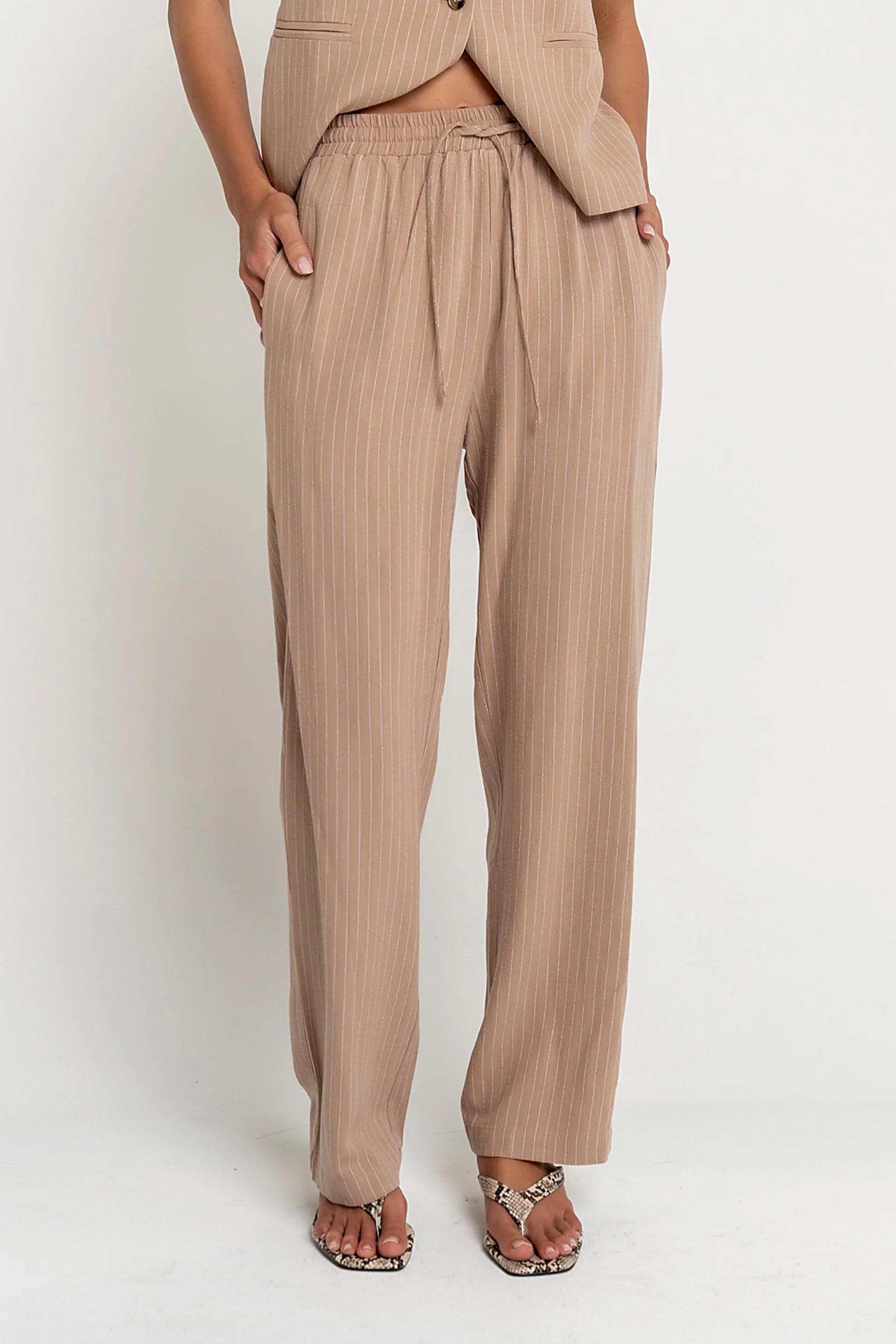 Vivienne Pinstripe Wide Leg Pants in Tan