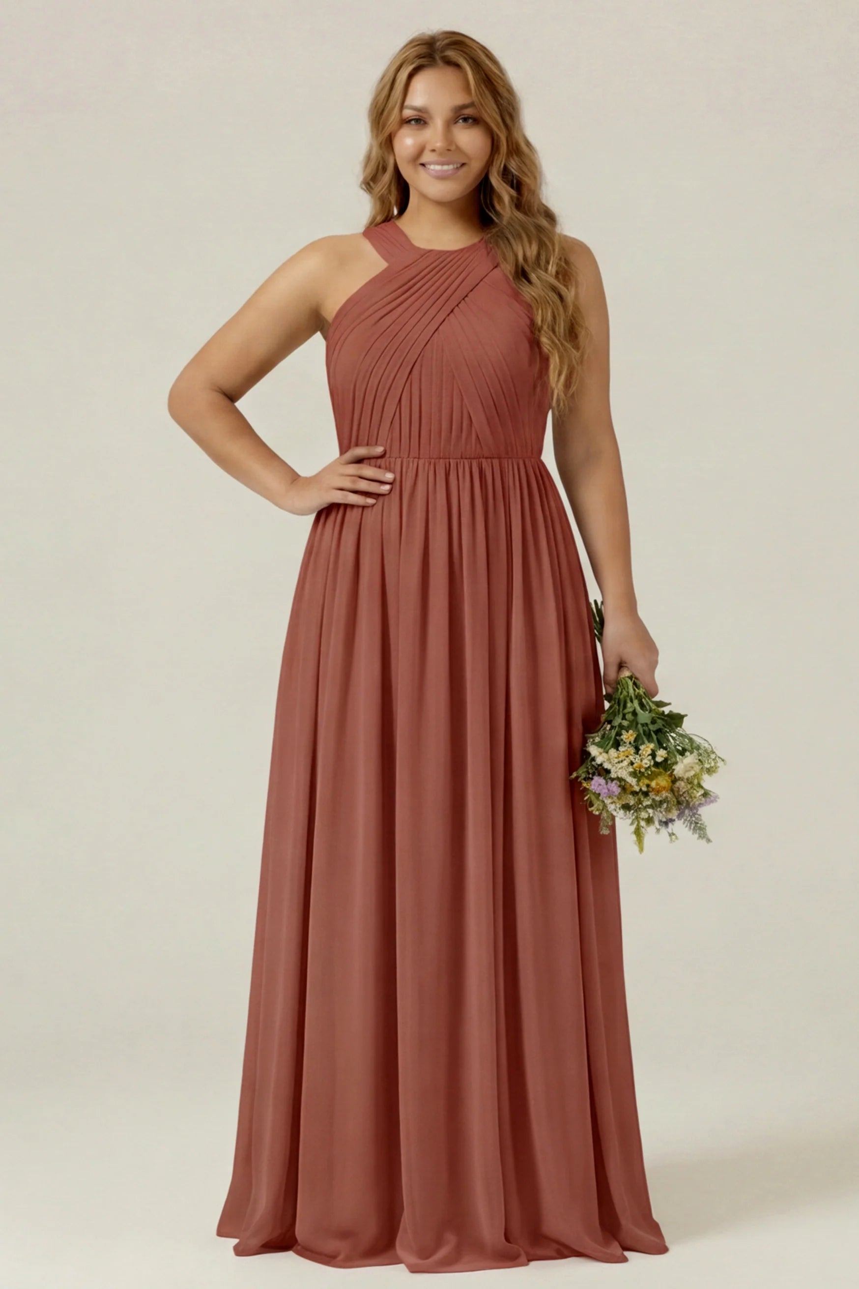 Dusty Sage Plus Size Halter A Line Chiffon Long Bridesmaid Dress