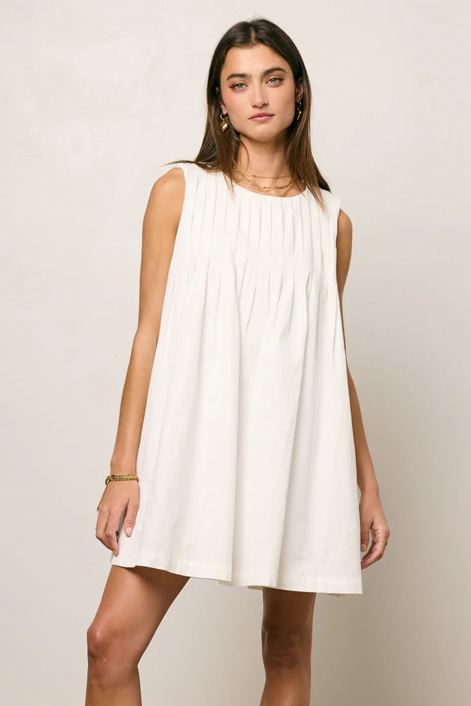 Arizona Pleated Babydoll Dress in White FINAL SALE