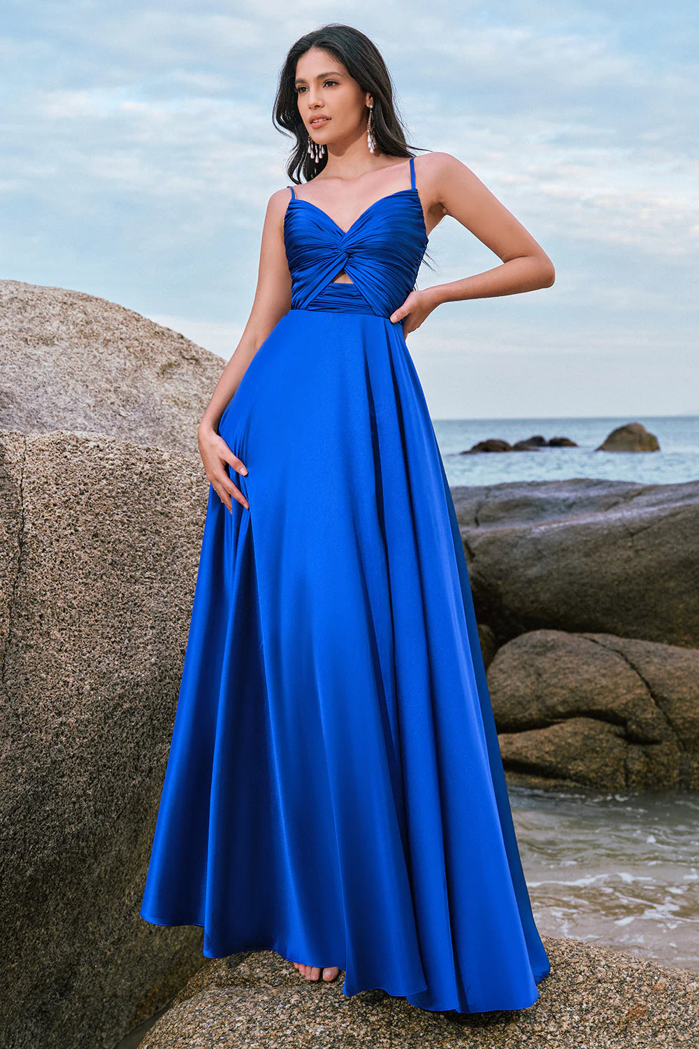 Ink Blue A Line Keyhole Satin Pleated Long Bridesmaid Dress with Slit