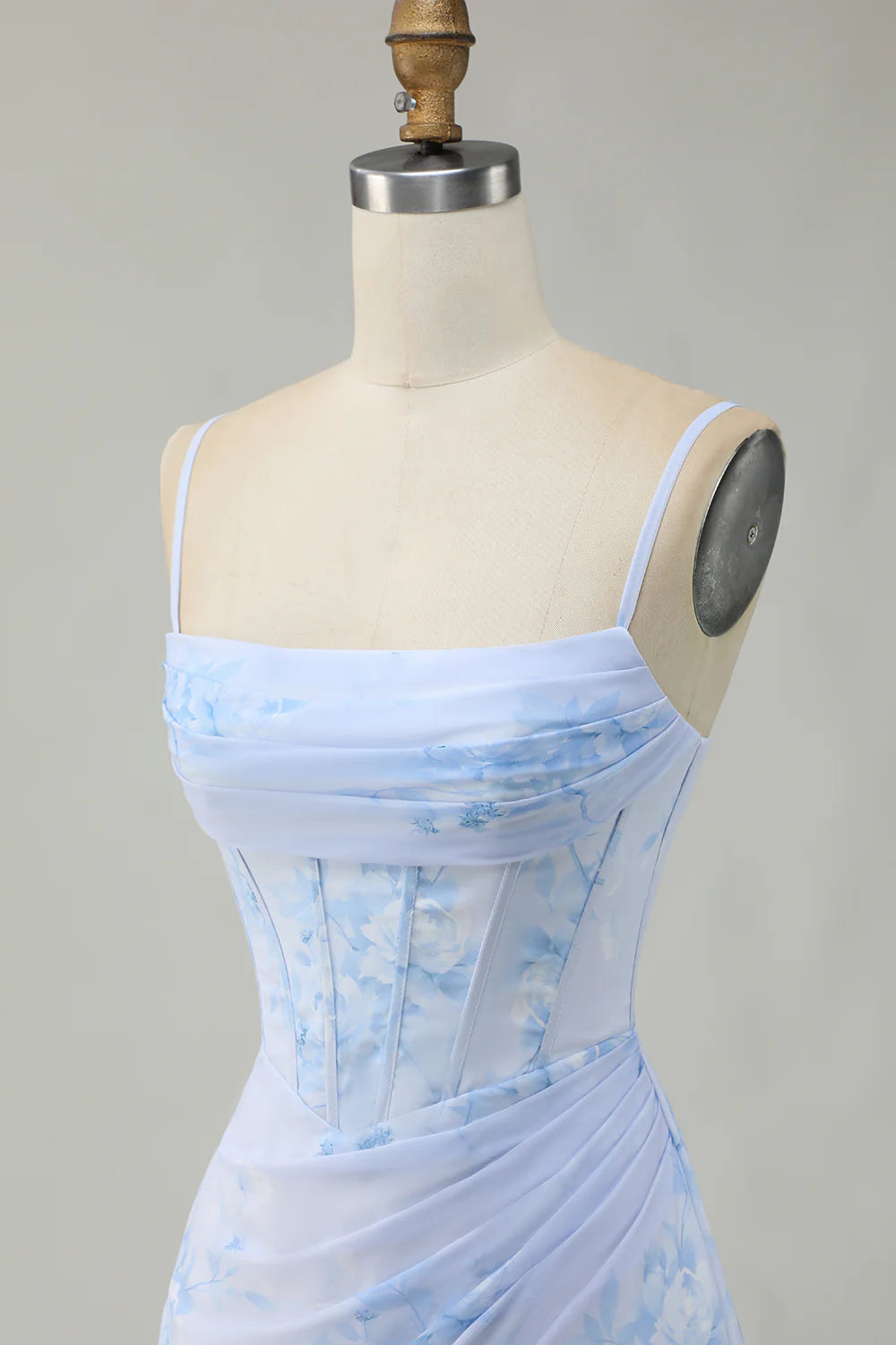 Light Blue Bodycon Ruched Floral Printed Corset Homecoming Dress