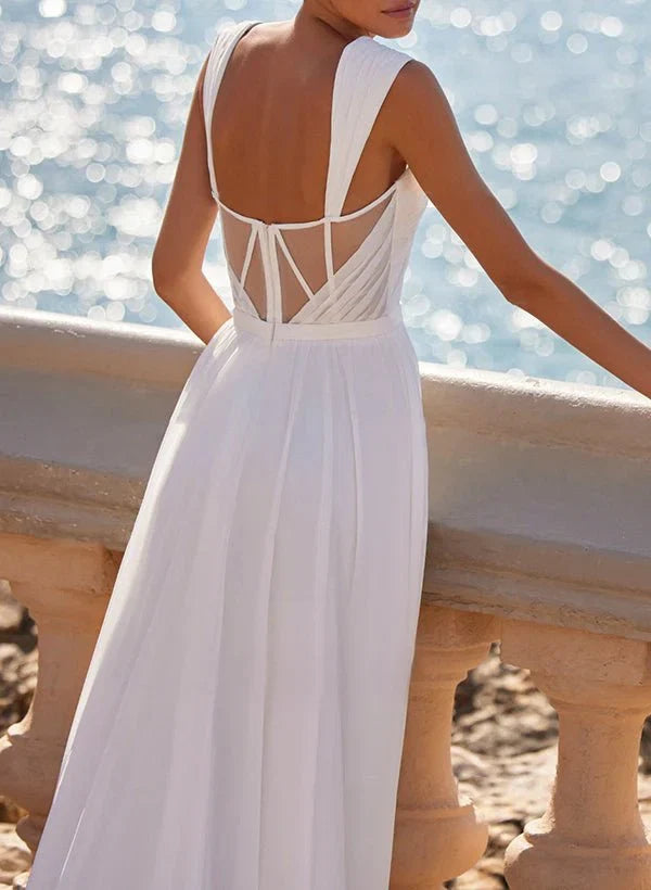 A Line Square Neckline Sleeveless Chiffon Wedding Dresses With High Split