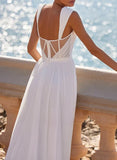 A Line Square Neckline Sleeveless Chiffon Wedding Dresses With High Split