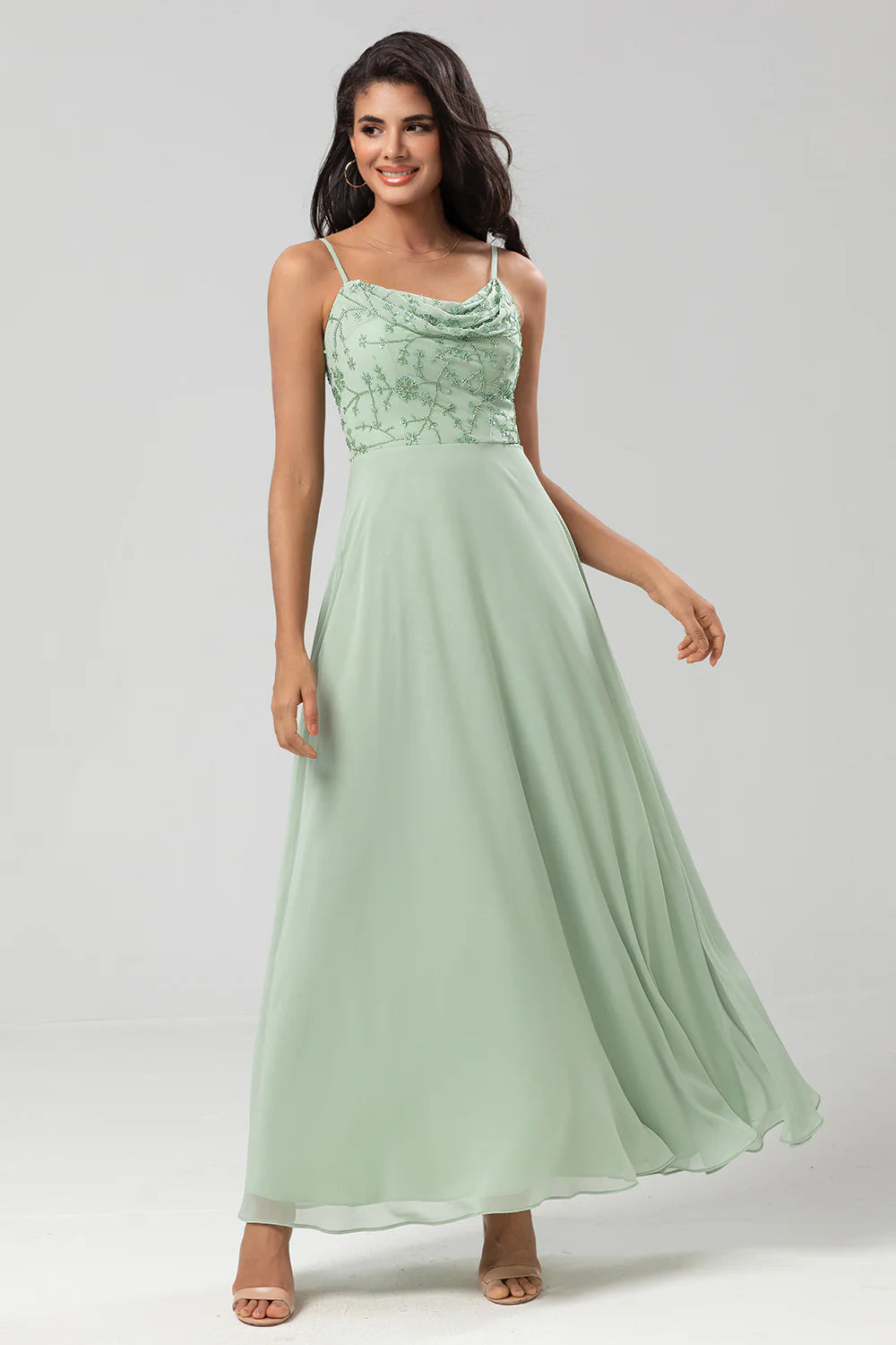 Dusty Sage A Line Spaghetti Straps Embroidered Chiffon Bridesmaid Dress
