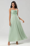 Dusty Sage A Line Spaghetti Straps Embroidered Chiffon Bridesmaid Dress