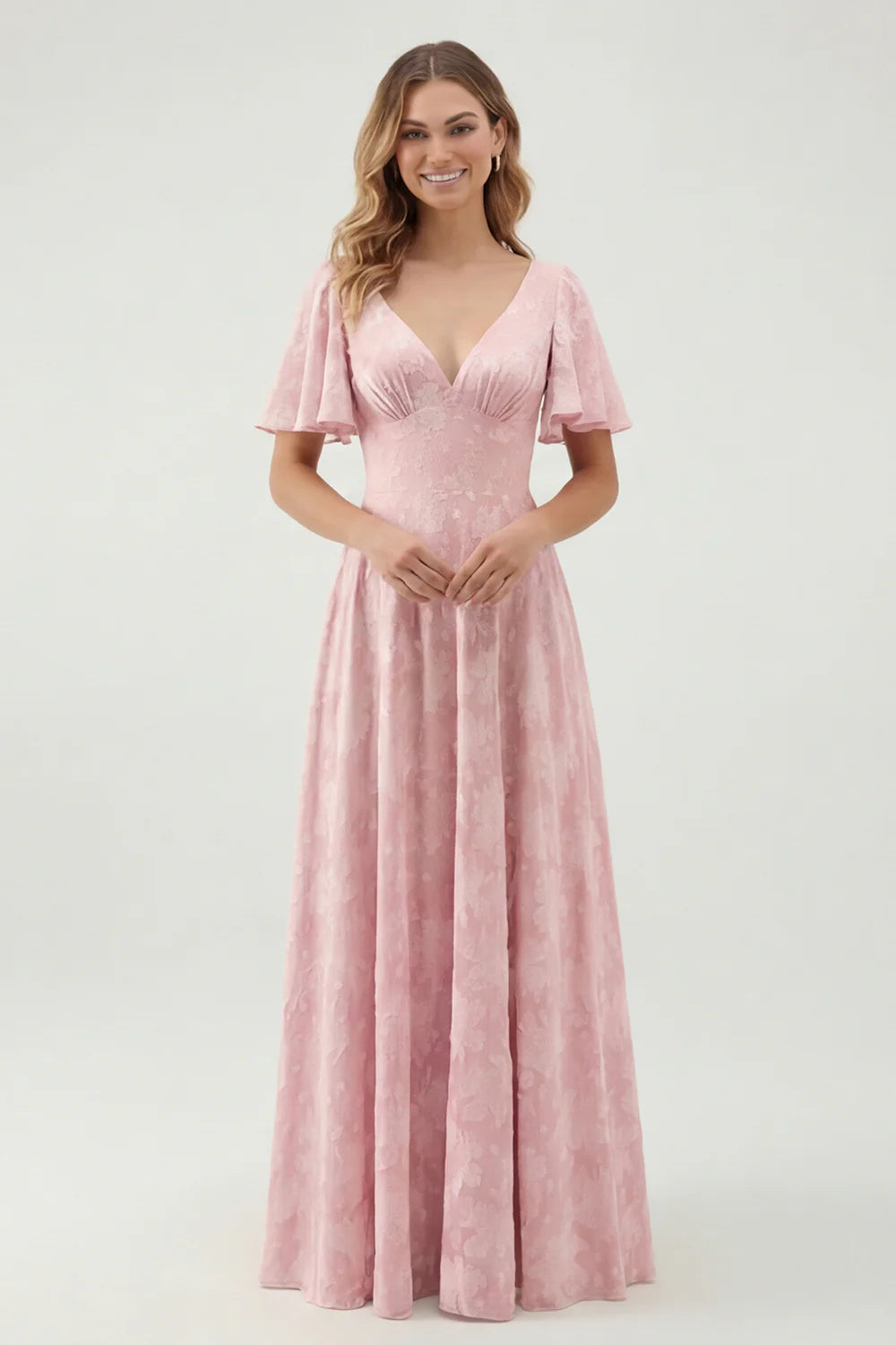 A Line Sage Green Floral Jacquard Flutter Sleeves Maxi Dress with Bow Back